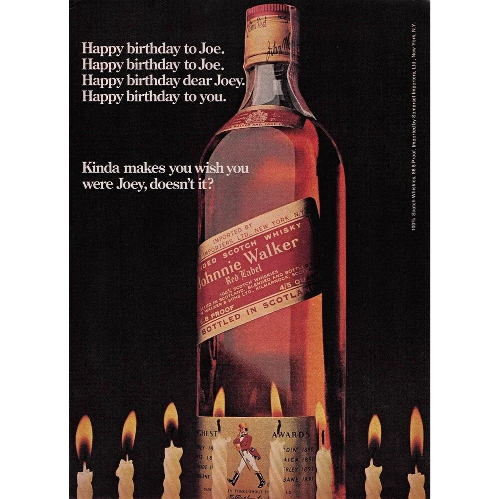 Johnnie Walker Scotch Whiskey Red Label Print Ad Pinup Happy Birthday Joe Joey